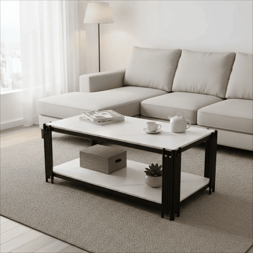 Mesa de centro 114 x 64 x 46 cm - retangular com pés de metal e tampo com efeito mármore, mobiliário moderno - preto e branco