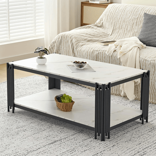 Mesa de centro 114 x 64 x 46 cm - retangular com pés de metal e tampo com efeito mármore, mobiliário moderno - preto e branco