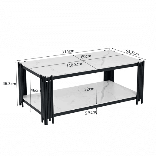 Mesa de centro 114 x 64 x 46 cm - retangular com pés de metal e tampo com efeito mármore, mobiliário moderno - preto e branco