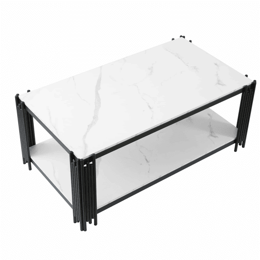 Mesa de centro 114 x 64 x 46 cm - retangular com pés de metal e tampo com efeito mármore, mobiliário moderno - preto e branco