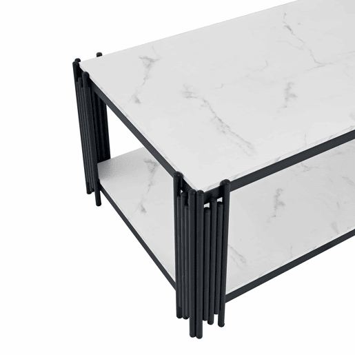 Mesa de centro 114 x 64 x 46 cm - retangular com pés de metal e tampo com efeito mármore, mobiliário moderno - preto e branco
