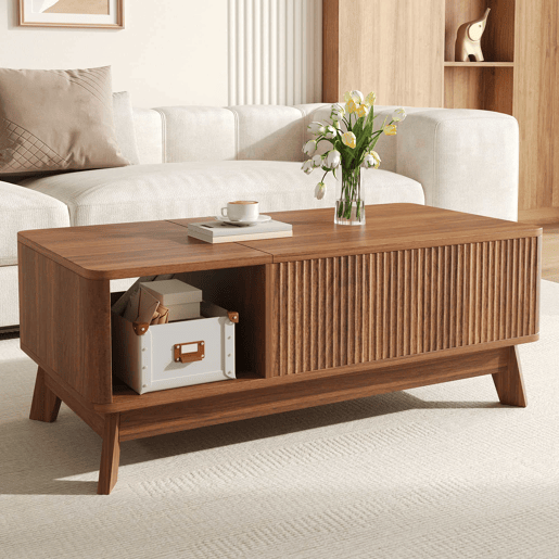 Mesa de centro com altura ajustável - efeito ondulado, compartimento lateral aberto, MDF, estilo moderno - Nogueira Mesa de centro com altura ajustável - efeito ondulado, compartimento lateral aberto, MDF, estilo moderno - Nogueira