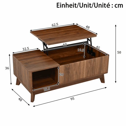 Mesa de centro com altura ajustável - efeito ondulado, compartimento lateral aberto, MDF, estilo moderno - Nogueira Mesa de centro com altura ajustável - efeito ondulado, compartimento lateral aberto, MDF, estilo moderno - Nogueira