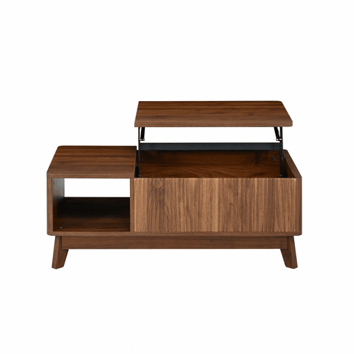Mesa de centro com altura ajustável - efeito ondulado, compartimento lateral aberto, MDF, estilo moderno - Nogueira Mesa de centro com altura ajustável - efeito ondulado, compartimento lateral aberto, MDF, estilo moderno - Nogueira
