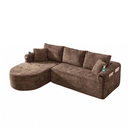 Sofá de canto em L de 3 lugares - Cloud Couch, sem montagem, com porta-copos em aço inoxidável resistente ao calor, estofos em linho respirável e duradouro, bolsos laterais e braços - Castanho