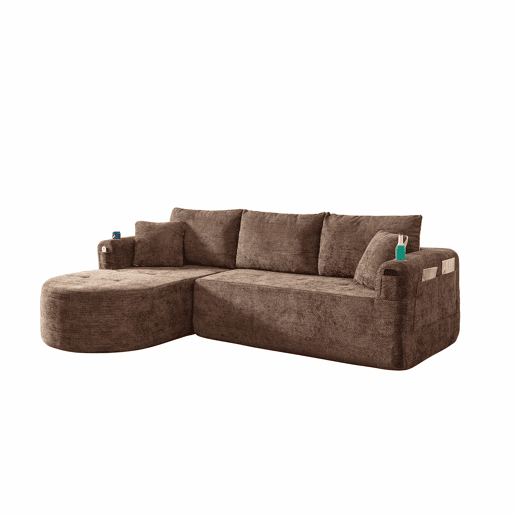 Sofá de canto em L de 3 lugares - Cloud Couch, sem montagem, com porta-copos em aço inoxidável resistente ao calor, estofos em linho respirável e duradouro, bolsos laterais e braços - Castanho