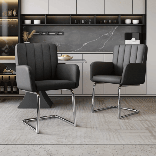 Conjunto de 6 cadeiras de jantar (6 unidades) u2013 riscas verticais, assento almofadado, pés metálicos em ziguezague, couro sintético, estilo lounge u2013 Preto