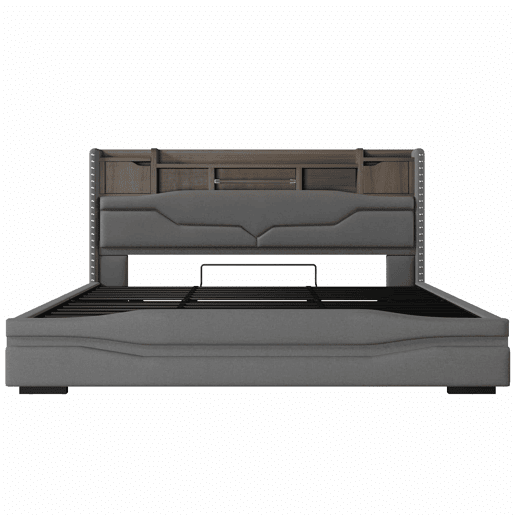 Cama com arrumação hidráulica 180x200 cm - Com porta USB, faixa de luz ambiente, cabeceira com compartimento de arrumação, sem colchão, com luzes LED - Cinza