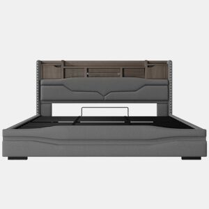 Cama com arrumação hidráulica 180x200 cm - Com porta USB, faixa de luz ambiente, cabeceira com compartimento de arrumação, sem colchão, com luzes LED - Cinza