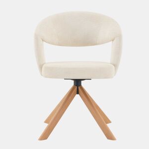 Conjunto de 2 cadeiras giratórias retro de luxo - Estrutura em tecido creme, pés em madeira, encosto curvo, rotação silenciosa de 360° - Branco, Madeira