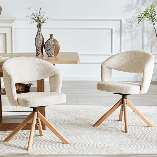 Conjunto de 2 cadeiras giratórias retro de luxo - Estrutura em tecido creme, pés em madeira, encosto curvo, rotação silenciosa de 360° - Branco, Madeira