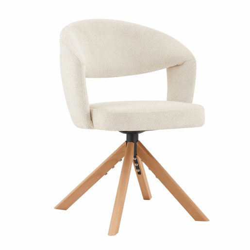 Conjunto de 2 cadeiras giratórias retro de luxo - Estrutura em tecido creme, pés em madeira, encosto curvo, rotação silenciosa de 360° - Branco, Madeira