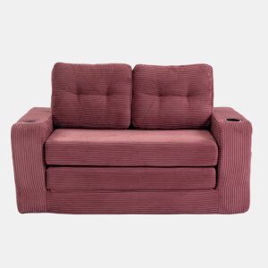 Sofá pufe de veludo de 2 lugares - com porta-copos e bolsos laterais, conversível, sem estrutura, almofadas acolchoadas com encosto, tamanho grande - vermelho vinho
