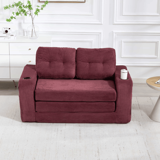 Sofá pufe de veludo de 2 lugares - com porta-copos e bolsos laterais, conversível, sem estrutura, almofadas acolchoadas com encosto, tamanho grande - vermelho vinho
