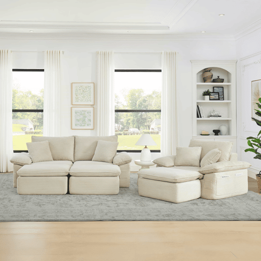 Sofá Boneless de 3 lugares - Cloud Couch com apoio para os pés, opção modular, com bolsos de arrumação - Bege