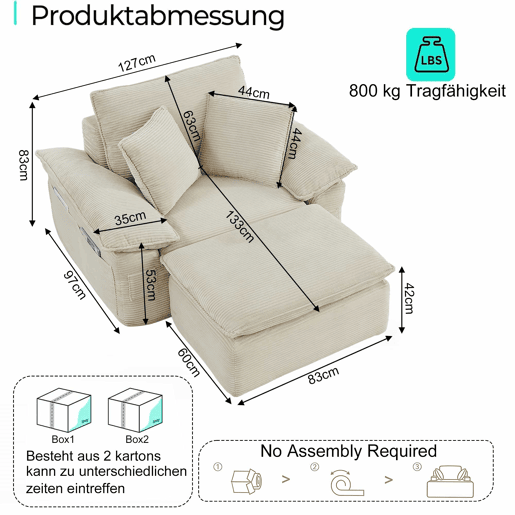 Sofá Boneless de 3 lugares - Cloud Couch com apoio para os pés, opção modular, com bolsos de arrumação - Bege