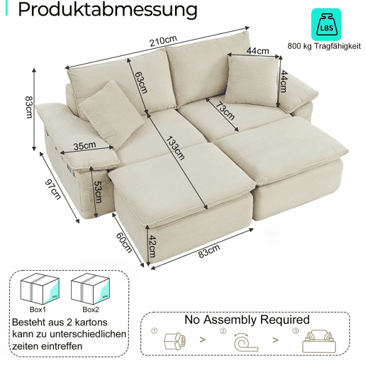 Sofá Boneless de 3 lugares - Cloud Couch com apoio para os pés, opção modular, com bolsos de arrumação - Bege