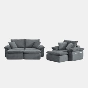 Sofá de 3 lugares - não montado, modular tipo «cloud», estofamento macio com apoio para os pés e bolsos de arrumação, convertível em sofá-cama - cinzento claro