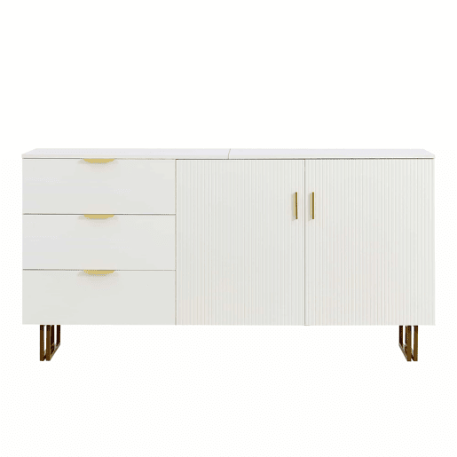 Aparador moderno de 160 cm - 2 portas e 3 gavetas, estrutura em MDF, detalhes em liga de alumínio dourada, pés de aço resistentes, estilo elegante e funcional para a sala de estar ou de jantar - branco
