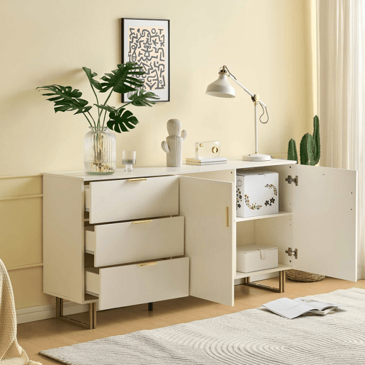 Aparador moderno de 160 cm - 2 portas e 3 gavetas, estrutura em MDF, detalhes em liga de alumínio dourada, pés de aço resistentes, estilo elegante e funcional para a sala de estar ou de jantar - branco