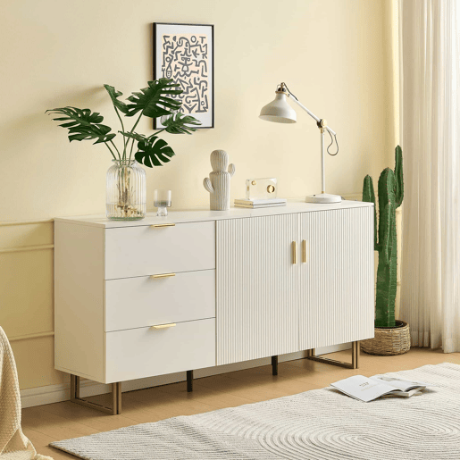Aparador moderno de 160 cm - 2 portas e 3 gavetas, estrutura em MDF, detalhes em liga de alumínio dourada, pés de aço resistentes, estilo elegante e funcional para a sala de estar ou de jantar - branco