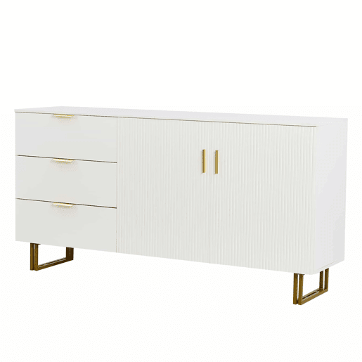 Aparador moderno de 160 cm - 2 portas e 3 gavetas, estrutura em MDF, detalhes em liga de alumínio dourada, pés de aço resistentes, estilo elegante e funcional para a sala de estar ou de jantar - branco