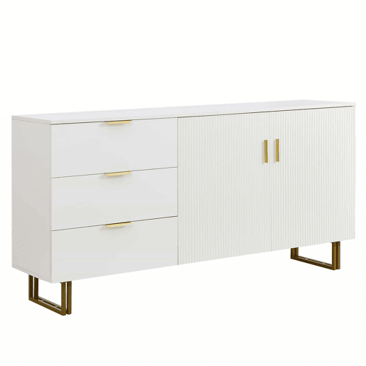 Aparador moderno de 160 cm - 2 portas e 3 gavetas, estrutura em MDF, detalhes em liga de alumínio dourada, pés de aço resistentes, estilo elegante e funcional para a sala de estar ou de jantar - branco