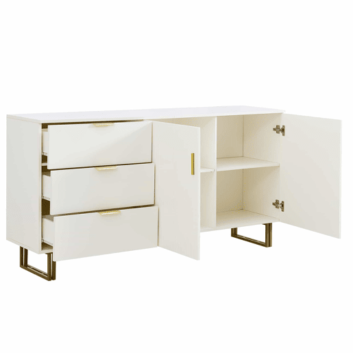 Aparador moderno de 160 cm - 2 portas e 3 gavetas, estrutura em MDF, detalhes em liga de alumínio dourada, pés de aço resistentes, estilo elegante e funcional para a sala de estar ou de jantar - branco