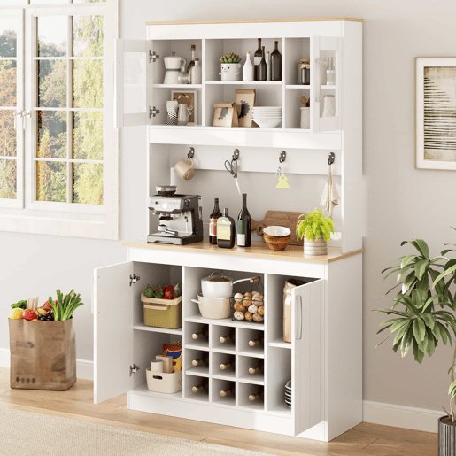 Aparador de cozinha de 175 cm u2013 com vitrina de vidro, suporte para garrafas e barra com ganchos, armário multifuncional para cozinha, sala de jantar e sala de estar u2013 Natural e Branco