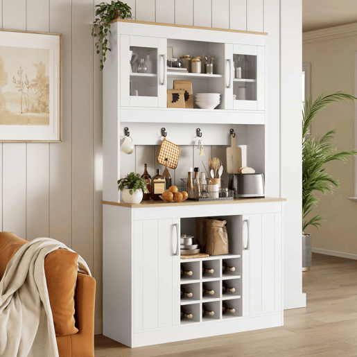 Aparador de cozinha de 175 cm u2013 com vitrina de vidro, suporte para garrafas e barra com ganchos, armário multifuncional para cozinha, sala de jantar e sala de estar u2013 Natural e Branco