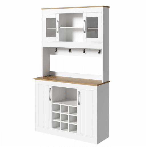 Aparador de cozinha de 175 cm u2013 com vitrina de vidro, suporte para garrafas e barra com ganchos, armário multifuncional para cozinha, sala de jantar e sala de estar u2013 Natural e Branco