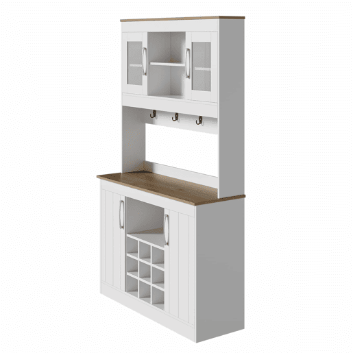 Aparador de cozinha de 175 cm u2013 com vitrina de vidro, suporte para garrafas e barra com ganchos, armário multifuncional para cozinha, sala de jantar e sala de estar u2013 Natural e Branco