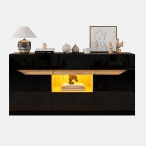 Aparador de sala 140 x 40 x 70 cm - 4 gavetas, armário com 2 compartimentos, design sem puxadores, acabamento de alto brilho com iluminação LED - preto e madeira