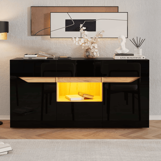 Aparador de sala 140 x 40 x 70 cm - 4 gavetas, armário com 2 compartimentos, design sem puxadores, acabamento de alto brilho com iluminação LED - preto e madeira