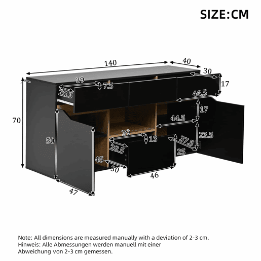 Aparador de sala 140 x 40 x 70 cm - 4 gavetas, armário com 2 compartimentos, design sem puxadores, acabamento de alto brilho com iluminação LED - preto e madeira