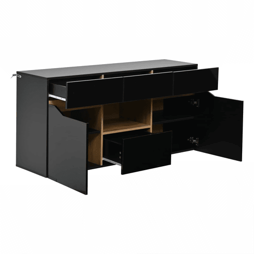 Aparador de sala 140 x 40 x 70 cm - 4 gavetas, armário com 2 compartimentos, design sem puxadores, acabamento de alto brilho com iluminação LED - preto e madeira