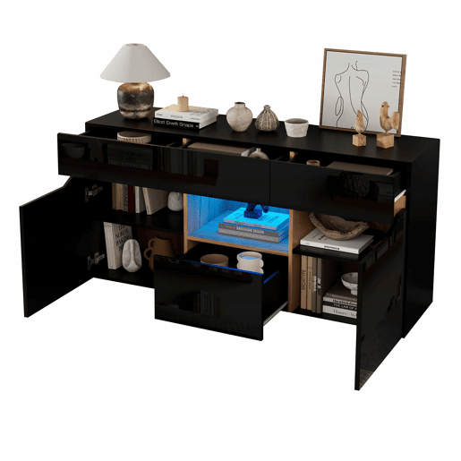 Aparador de sala 140 x 40 x 70 cm - 4 gavetas, armário com 2 compartimentos, design sem puxadores, acabamento de alto brilho com iluminação LED - preto e madeira