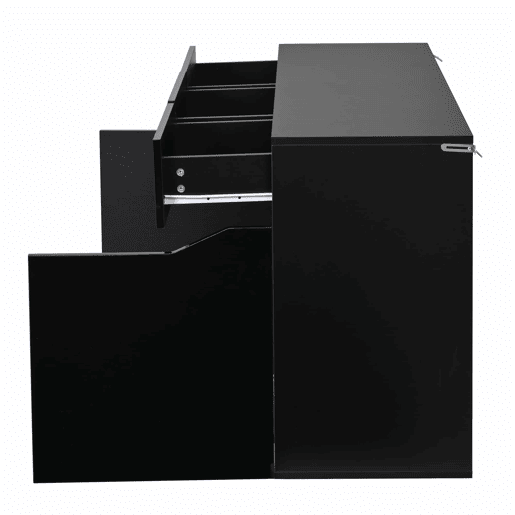 Aparador de sala 140 x 40 x 70 cm - 4 gavetas, armário com 2 compartimentos, design sem puxadores, acabamento de alto brilho com iluminação LED - preto e madeira