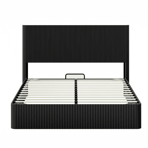 Cama moderna 160x200 cm - Sistema de elevação hidráulico, amplo espaço de arrumação, ripas de madeira maciça, superfície fácil de limpar - Preto