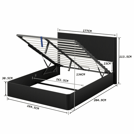 Cama moderna 160x200 cm - Sistema de elevação hidráulico, amplo espaço de arrumação, ripas de madeira maciça, superfície fácil de limpar - Preto