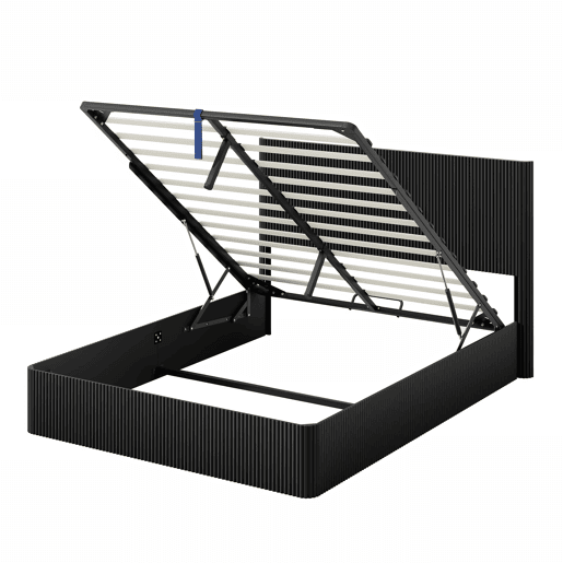 Cama moderna 160x200 cm - Sistema de elevação hidráulico, amplo espaço de arrumação, ripas de madeira maciça, superfície fácil de limpar - Preto