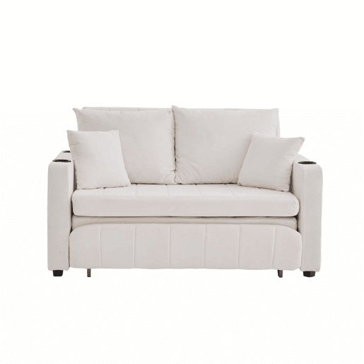 Sofá-cama multifuncional de tecido para 2 pessoas - extensível e dobrável, com bolsos nos braços, porta-carregador USB e porta-copos - chenille bege