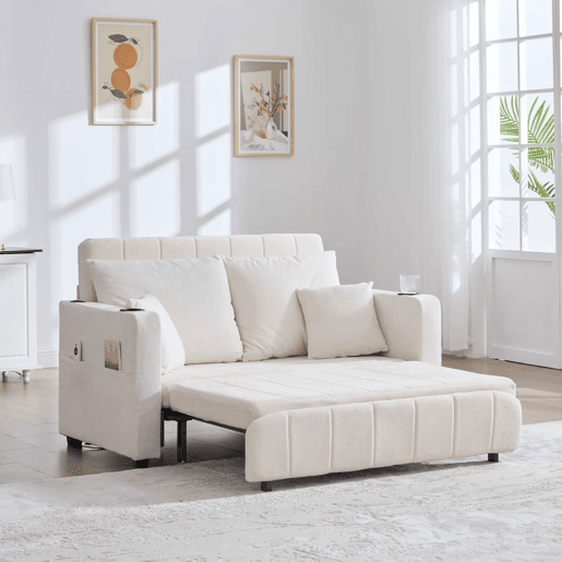 Sofá-cama multifuncional de tecido para 2 pessoas - extensível e dobrável, com bolsos nos braços, porta-carregador USB e porta-copos - chenille bege