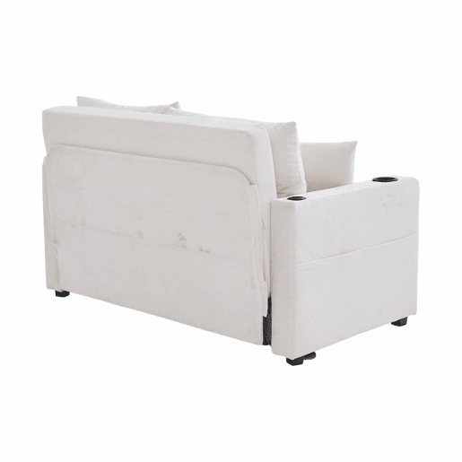 Sofá-cama multifuncional de tecido para 2 pessoas - extensível e dobrável, com bolsos nos braços, porta-carregador USB e porta-copos - chenille bege