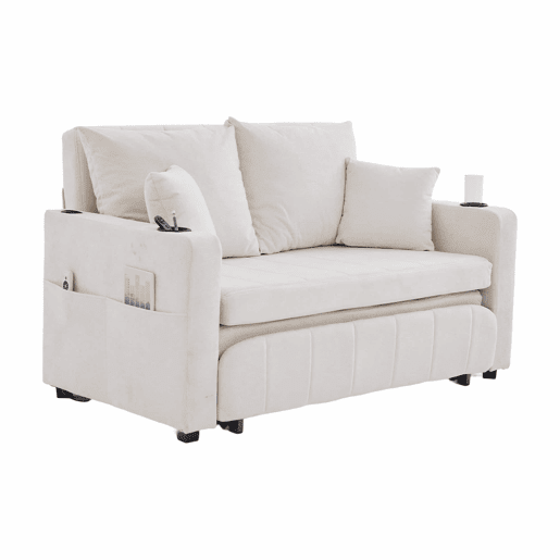 Sofá-cama multifuncional de tecido para 2 pessoas - extensível e dobrável, com bolsos nos braços, porta-carregador USB e porta-copos - chenille bege