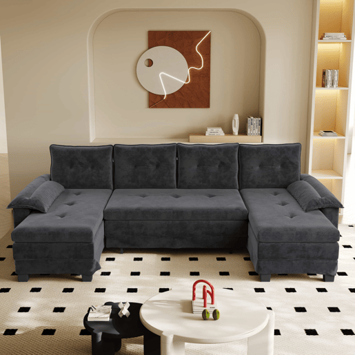 Sofá seccional de 4 lugares, 278 cm - sofá em U convertível com cama extraível, porta USB, braços removíveis, design modular extragrande e moderno - cinzento Sofá seccional de 4 lugares, 278 cm - sofá em U convertível com cama extraível, porta USB, braços removíveis, design modular extragrande e moderno - cinzento