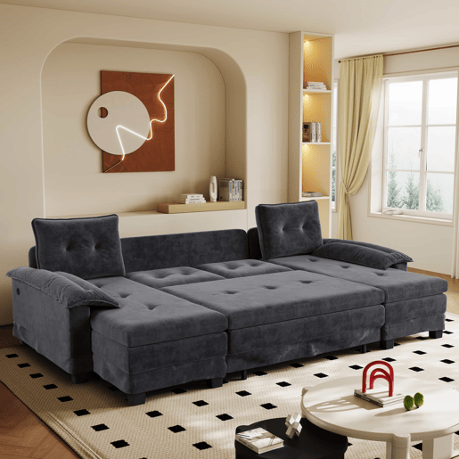Sofá seccional de 4 lugares, 278 cm - sofá em U convertível com cama extraível, porta USB, braços removíveis, design modular extragrande e moderno - cinzento Sofá seccional de 4 lugares, 278 cm - sofá em U convertível com cama extraível, porta USB, braços removíveis, design modular extragrande e moderno - cinzento