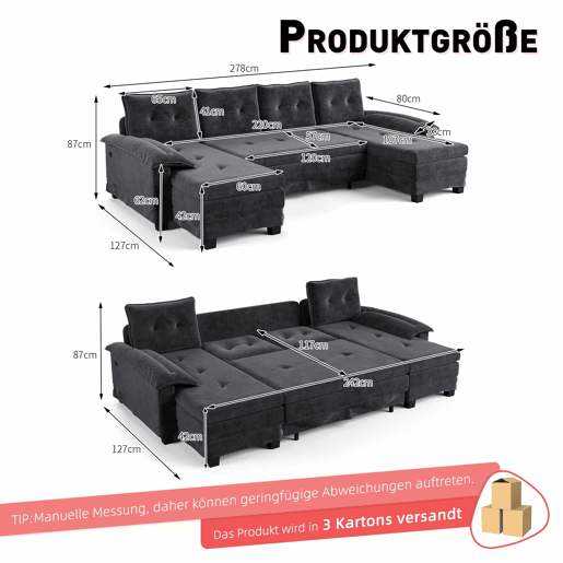 Sofá seccional de 4 lugares, 278 cm - sofá em U convertível com cama extraível, porta USB, braços removíveis, design modular extragrande e moderno - cinzento Sofá seccional de 4 lugares, 278 cm - sofá em U convertível com cama extraível, porta USB, braços removíveis, design modular extragrande e moderno - cinzento