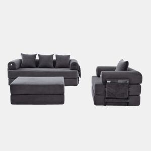 Sofá modular de 4 lugares - Cordão, com estrutura metálica e 4 almofadas - Cinza escuro