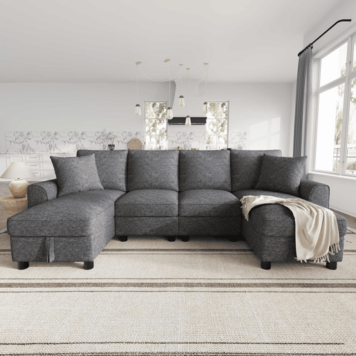 Sofá modular em U de 280 cm - 2 lugares com 2 chaise longues, arrumação rebatível, 2 almofadas, sofá de canto multifuncional em chenille - Cinza Sofá modular em U de 280 cm - 2 lugares com 2 chaise longues, arrumação rebatível, 2 almofadas, sofá de canto multifuncional em chenille - Cinza